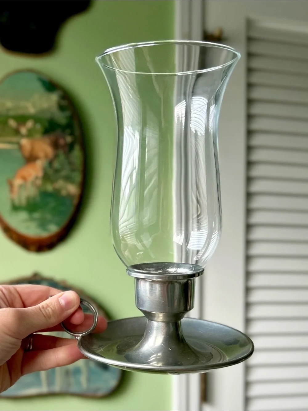 Vintage Glass Hurricane Candle Holder with Chamber Style Handle